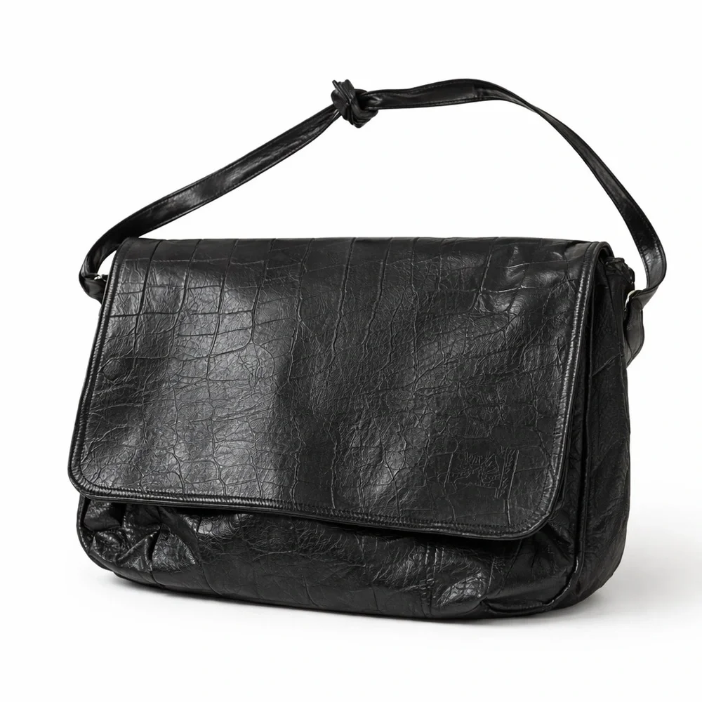 Carlos Falchi Black Croc Embossed Leather Messenger Shoulder Bag Y2K Purse
